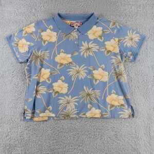 Caribbean Joe Woman 2X Polo Shirt Blue Tropical Hibiscus Palm Tree Cotton Blend